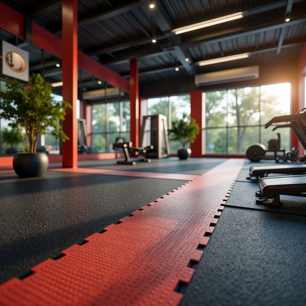 Prompt: Modern home gym, rubber flooring, shock-absorbing material, textured surface, anti-slip properties, durable construction, high-impact resistance, vibrant colors, dynamic patterns, sound-dampening features, ergonomic design, athletic equipment integration, mirrored walls, heavy-duty mats, professional-grade fitness machines, natural lighting, refreshing ambiance, calm atmosphere, soft warm illumination, shallow depth of field, 3/4 composition, realistic textures.