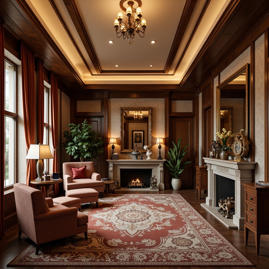 Prompt: Rich wood tones, ornate furnishings, plush carpeting, soft warm lighting, comfortable seating areas, luxurious fabrics, classic architectural details, grand chandeliers, elegant wallcoverings, sophisticated color schemes, refined textures, inviting atmosphere, warm beige walls, dark wood paneling, polished marble floors, intricate moldings, cozy fireplaces, vintage decorative accents, ornamental mirrors, lavish drapery, soft piano music, relaxed ambiance.