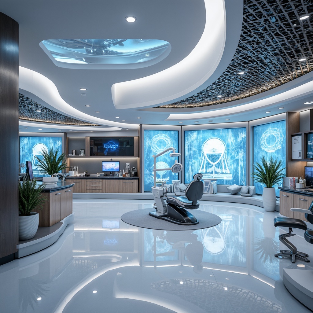 Prompt: Futuristic dental clinic, sleek metallic surfaces, neon accent lights, minimalist decor, curved lines, geometric patterns, holographic displays, virtual reality experiences, sterile white floors, sanitizing UV lighting, futuristic dentist chairs, advanced medical equipment, 3D printing technology, robotic assistants, ambient electronic soundtrack, shallow depth of field, 1/1 composition, panoramic view, realistic reflective surfaces, soft warm glow, misting systems, calming aromatherapy, serene atmosphere.