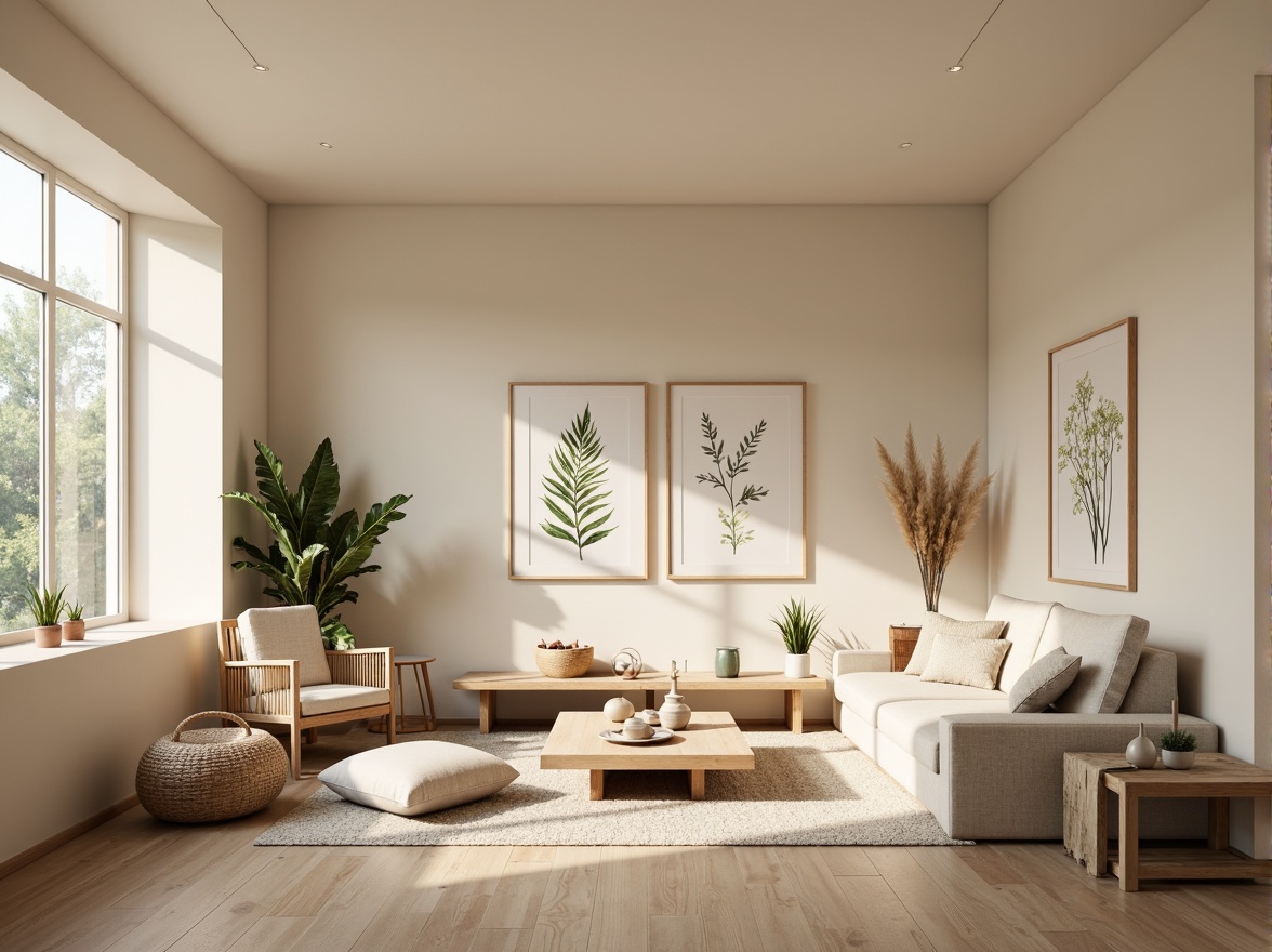 Prompt: Cozy living room, warm beige walls, light wood flooring, minimalist decor, Nordic-inspired furniture, soft pastel colors, gentle diffused lighting, pendant lamps, table lamps, floor lamps, candles, natural textiles, woven baskets, botanical prints, calm atmosphere, relaxing ambiance, subtle color palette, 1/1 composition, soft focus, warm glow, ambient occlusion.