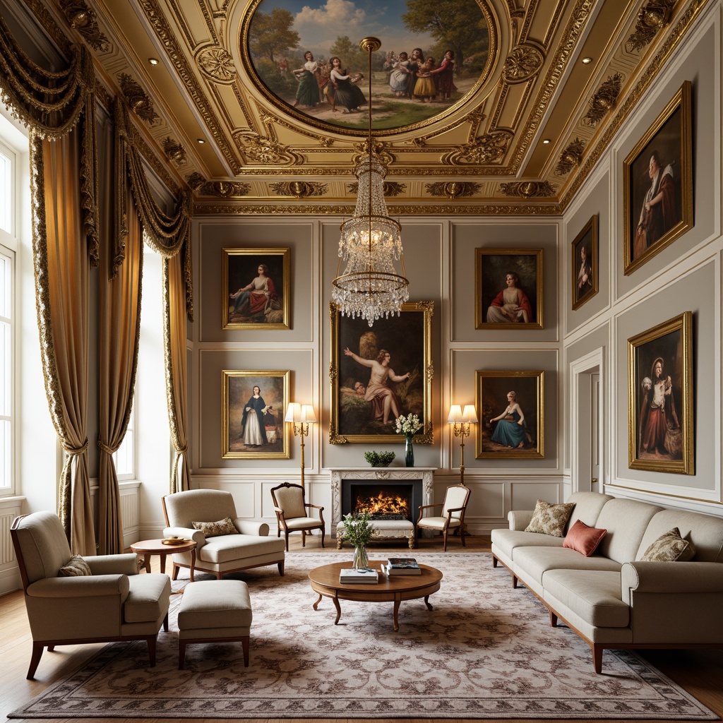 Prompt: Opulent wall murals, intricate gold leafing, soft warm lighting, luxurious velvet fabrics, ornate mirror frames, gilded moldings, delicate florals, pastel color palette, subtle texture contrasts, French Renaissance-inspired patterns, lavish drapery, tassel trimmings, antique furniture pieces, crystal chandeliers, grandiose ceiling designs.