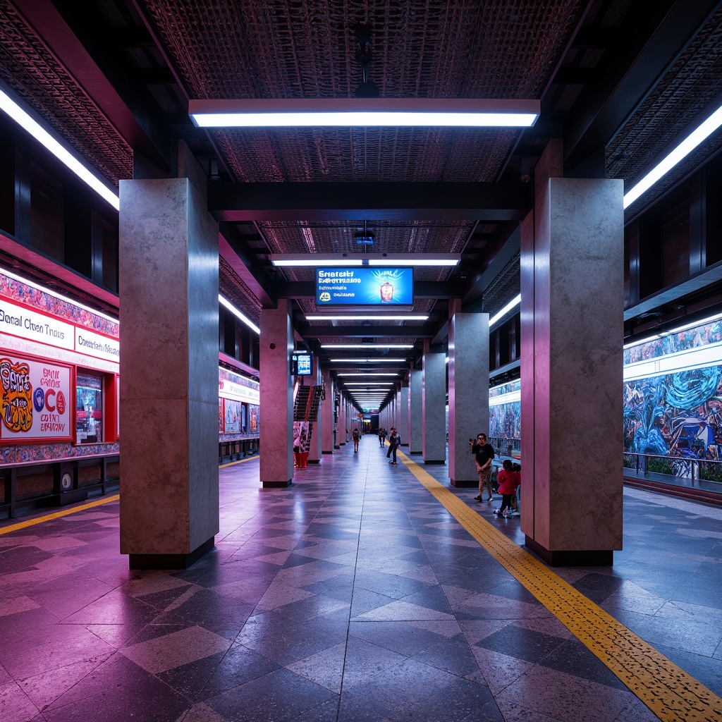 Prompt: Vibrant metro station, eclectic style, urban atmosphere, exposed concrete columns, industrial chic aesthetic, polished metal accents, LED lighting installations, futuristic digital displays, dynamic signage systems, abstract graffiti murals, geometric patterned tiles, terrazzo floors, metallic mesh ceilings, iridescent glass mosaics, 3D textured wall panels, neon color scheme, high-contrast lighting, shallow depth of field, 2/3 composition, cinematic view, realistic reflections.