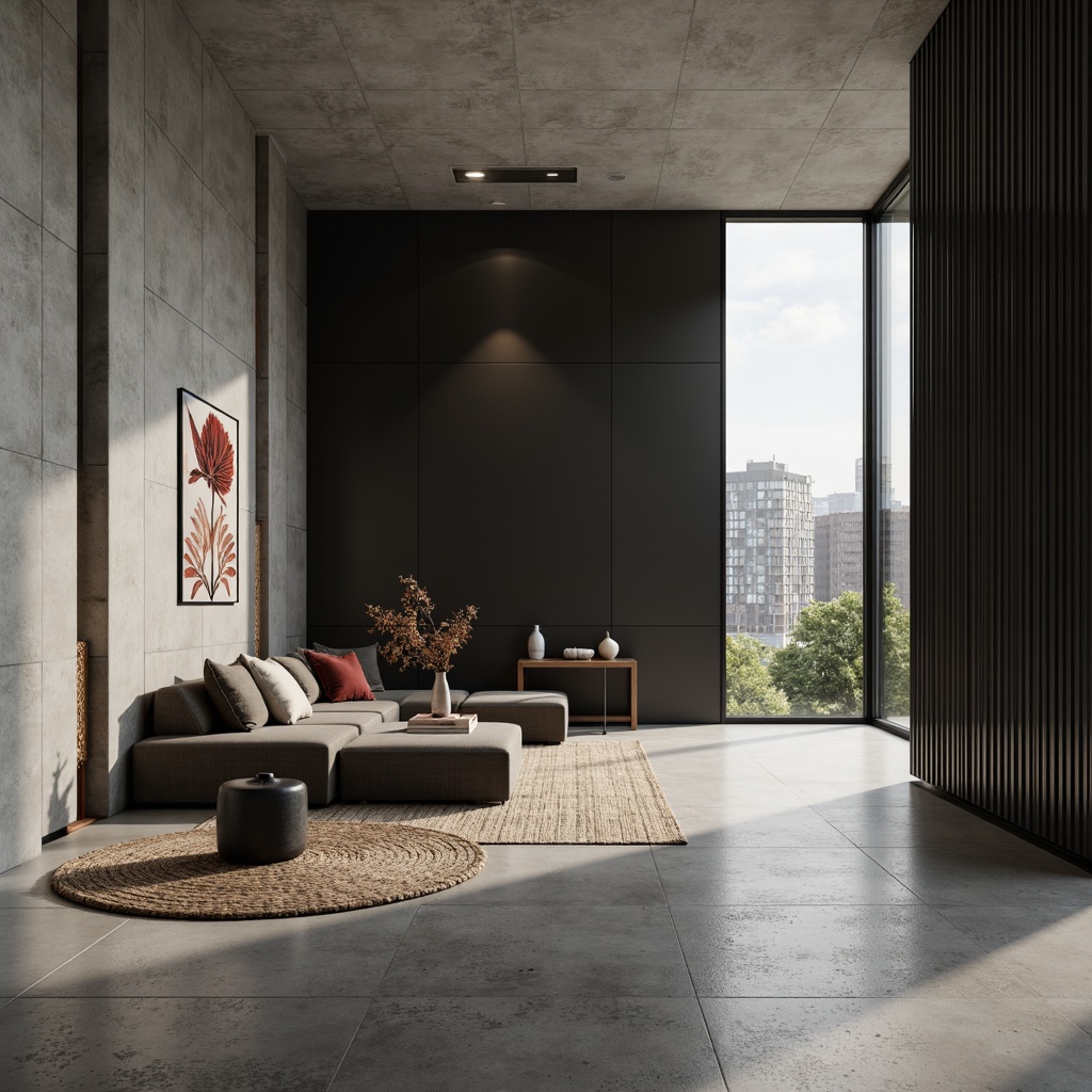 Prompt: Monochromatic minimalist interior, concrete floors, smooth stone walls, matte black metal frames, warm wood accents, soft velvet upholstery, natural fiber rugs, subtle texture contrasts, ambient lighting, diffused shadows, 1/1 composition, shallow depth of field, realistic reflections, soft focus blur.