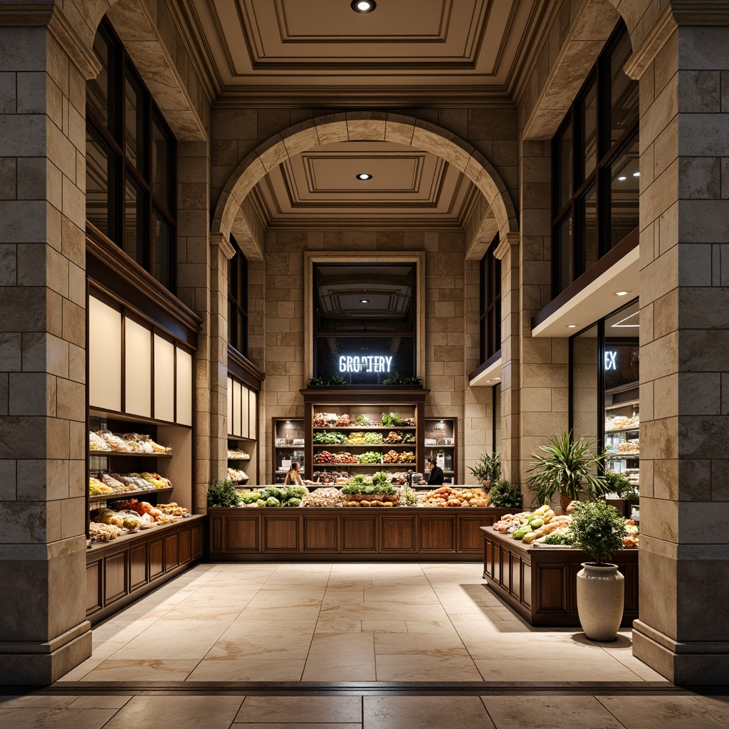 Prompt: Elegant grocery store facade, neoclassical columns, ornate cornices, grand entrance arches, rusticated stone walls, large glass windows, polished marble floors, refined wooden shelves, vintage-inspired signage, decorative metalwork, soft warm lighting, shallow depth of field, 3/4 composition, symmetrical layout, realistic textures, ambient occlusion, natural produce displays, fresh flower arrangements, upscale shopping experience.