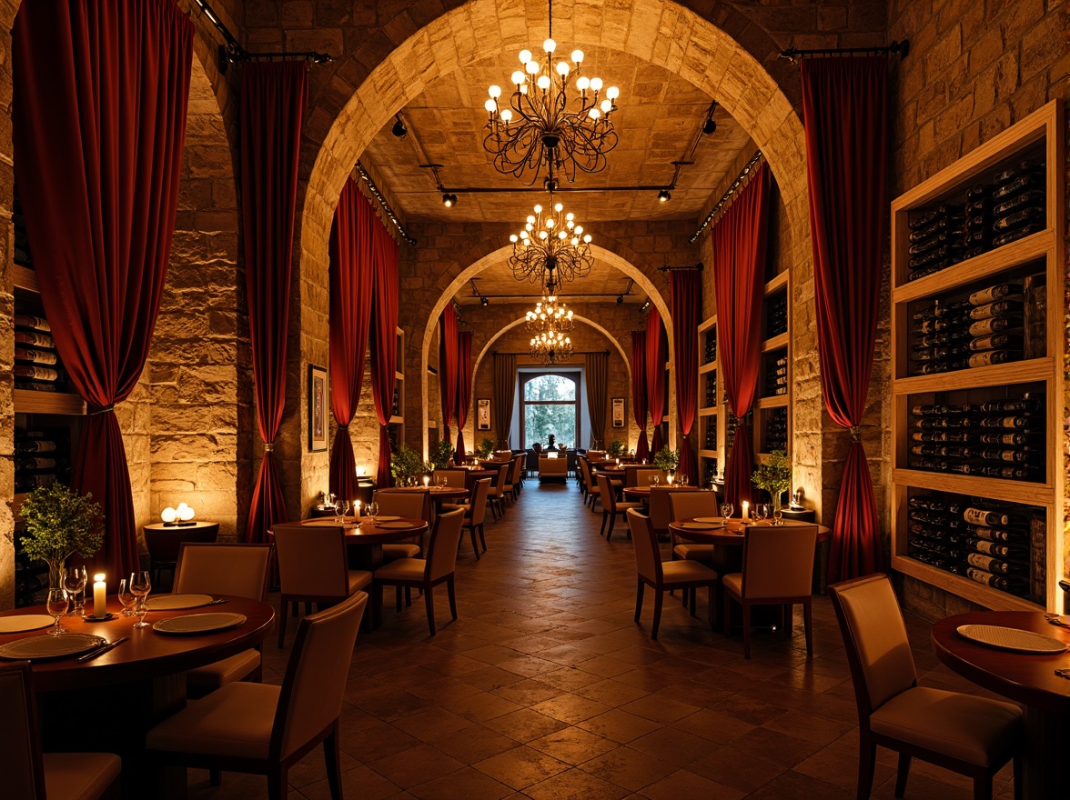 Prompt: Warm wine cellar ambiance, rustic stone walls, dimmable LED lighting, soft warm glow, subtle shadow effects, dramatic downlighting, elegant chandeliers, rich wood accents, luxurious velvet drapes, refined metalwork, ornate wine racks, ambient candlelight, intimate seating areas, cozy nooks, warm color palette, golden hour illumination, shallow depth of field, 1/1 composition, realistic textures, subtle vignettes.