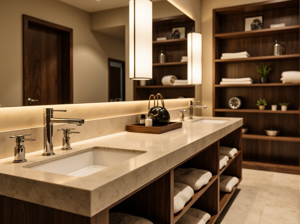 Prompt: Elegant vanity countertops, polished chrome fixtures, modern LED lighting, sleek glass sinks, minimalist mirrors, academic-inspired color schemes, warm beige tones, rich wood cabinetry, ornate metal hardware, sophisticated shelving units, spa-like ambiance, soft warm glow, shallow depth of field, 1/1 composition, realistic textures, ambient occlusion.