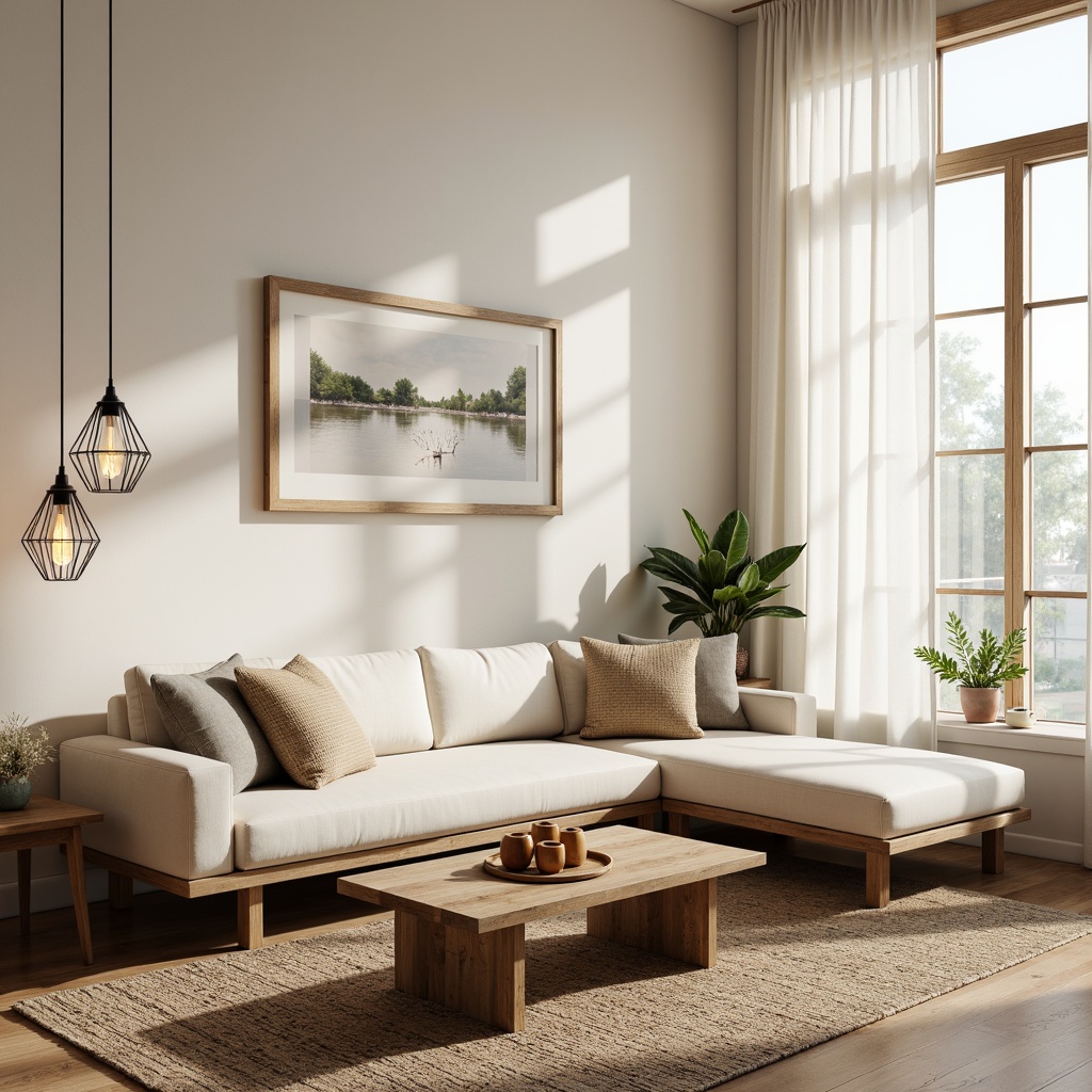 Prompt: Cozy living room, minimalistic decor, light wood tones, soft cream colors, floor-to-ceiling windows, sheer white curtains, pendant lamps, geometric metal shades, warm candlelight, rustic wooden tables, woven textiles, natural fiber rugs, Scandi-inspired furniture, Nordic-style wall art, ambient dimmable lighting, 1/1 composition, softbox lighting, shallow depth of field, realistic wood textures.