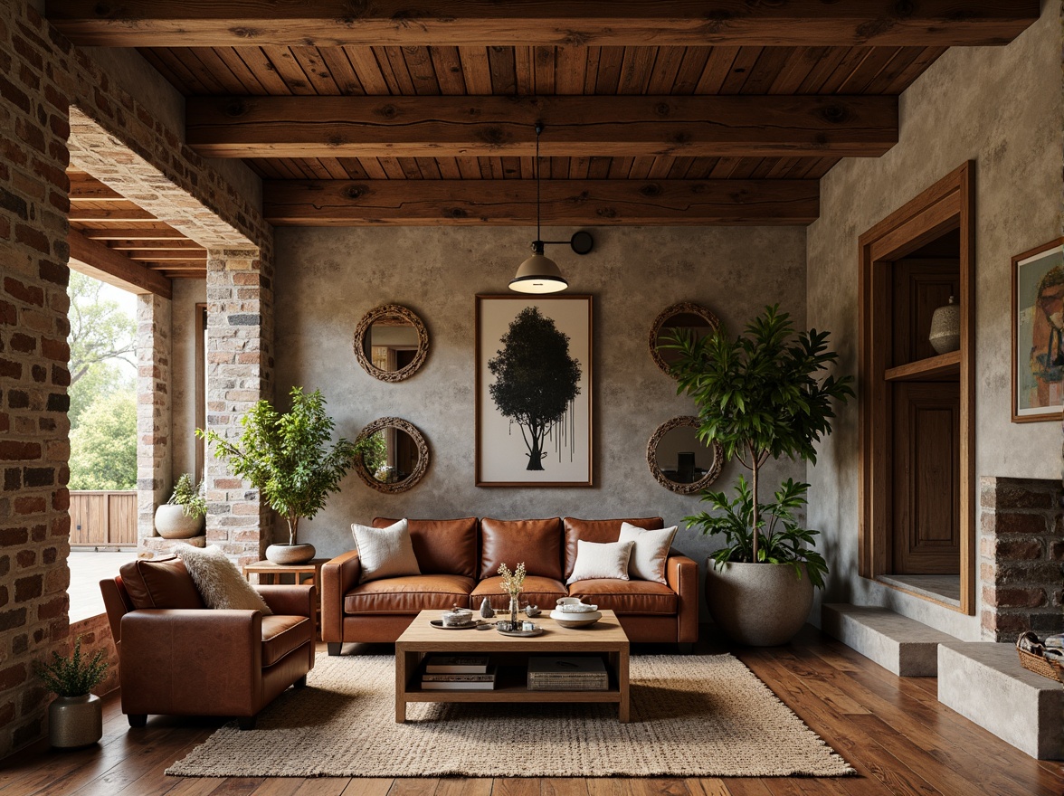 Prompt: Rustic wooden accents, natural stone foundations, earthy color palette, wooden beams, exposed brick walls, ornate metalwork, vintage hardware, distressed leather upholstery, woven textiles, natural fiber rugs, organic shapes, warm ambient lighting, soft shadows, 1/1 composition, realistic wood grain textures, subtle weathering effects.