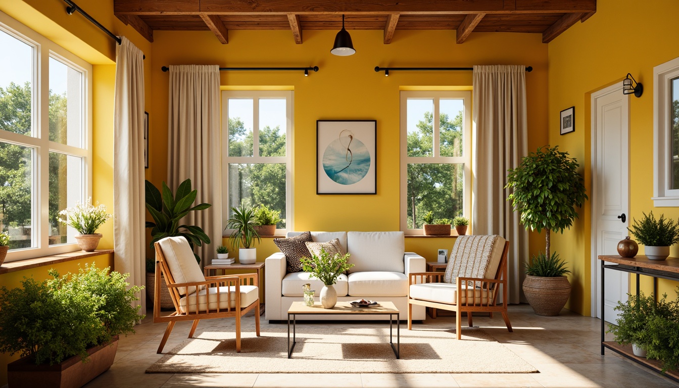 Prompt: Vibrant sunroom, warm natural light, bright yellow walls, creamy white furniture, lush greenery, blooming flowers, wooden accents, earthy terracotta pots, soft beige curtains, cozy throw blankets, rattan wicker chairs, modern minimalist decor, sleek metal frames, glass coffee tables, abstract artwork, natural stone flooring, warm wooden ceiling, sunny day, gentle warm lighting, shallow depth of field, 3/4 composition, realistic textures, ambient occlusion.