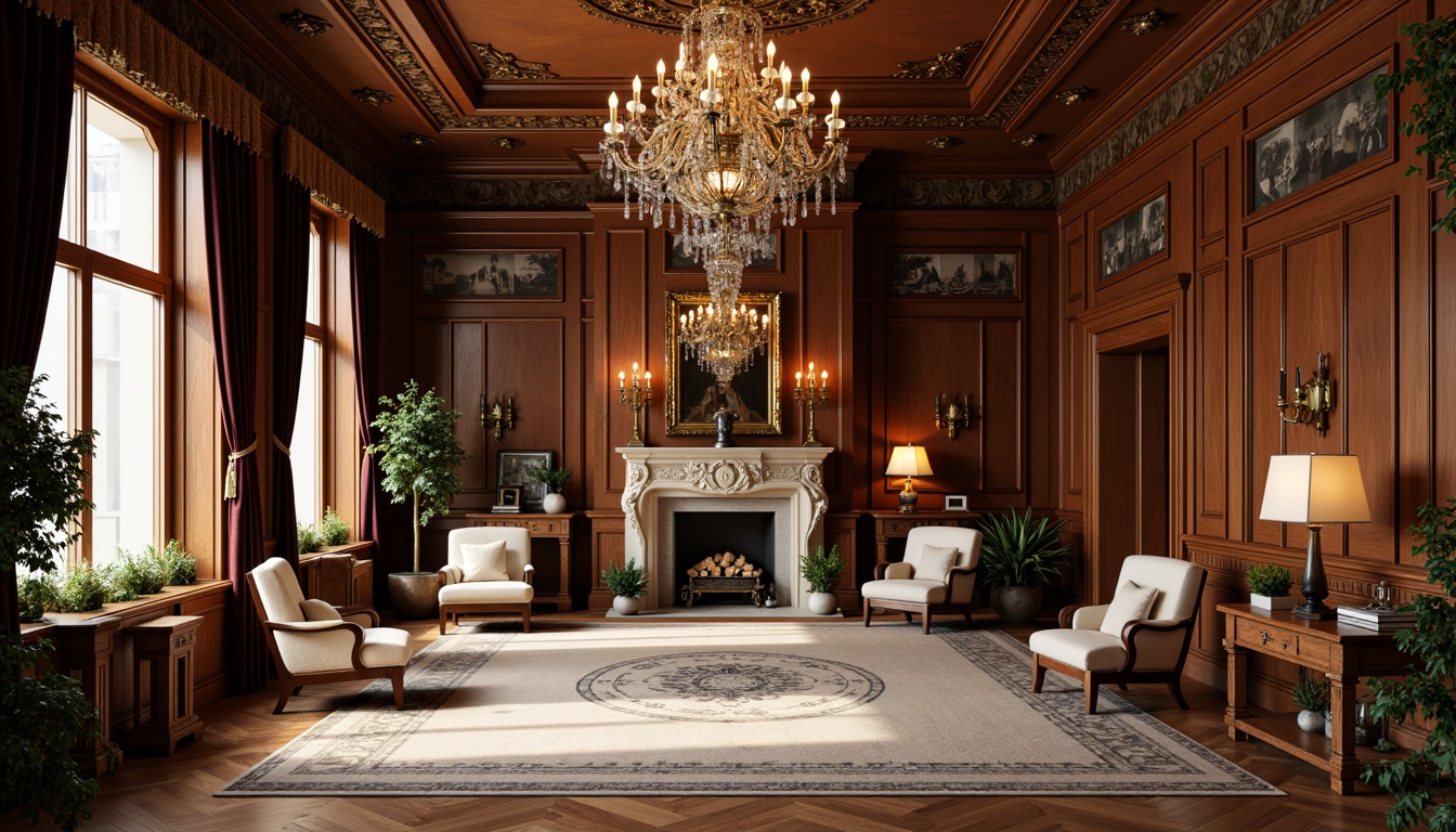 Prompt: Elegant classical interior, symmetrical floor plan, high ceilings, ornate moldings, grand chandeliers, rich wood paneling, velvet drapes, luxurious furnishings, intricate carvings, marble fireplaces, gilded accents, subtle color palette, soft warm lighting, shallow depth of field, 1/1 composition, realistic textures, ambient occlusion.