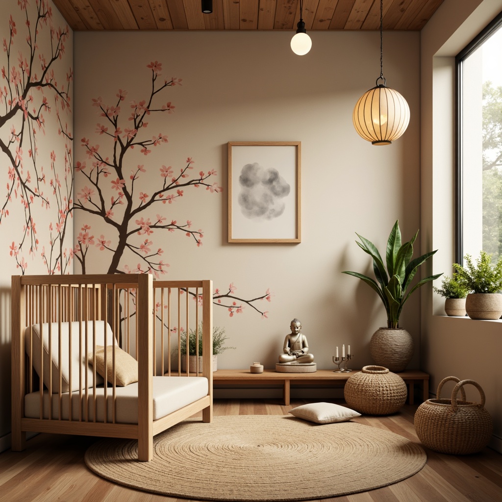 Prompt: Cozy baby nursery, soft warm lighting, natural wood furniture, Asian-inspired decor, cherry blossom wallpaper, gentle curves, minimalist design, plush area rug, comfortable glider, wicker storage basket, delicate paper lanterns, serene Buddha statue, calming greenery, gentle water feature, shallow depth of field, 1/1 composition, realistic textures, warm color palette.