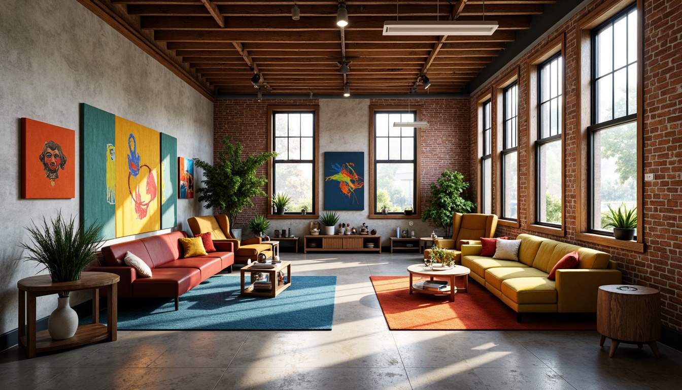 Prompt: Vibrant artistic studio, eclectic furniture, bold color blocks, abstract artwork, creative freedom, inspiring atmosphere, natural wood accents, industrial metal tones, exposed brick walls, large windows, abundant daylight, warm soft lighting, 3/4 composition, realistic textures, ambient occlusion.