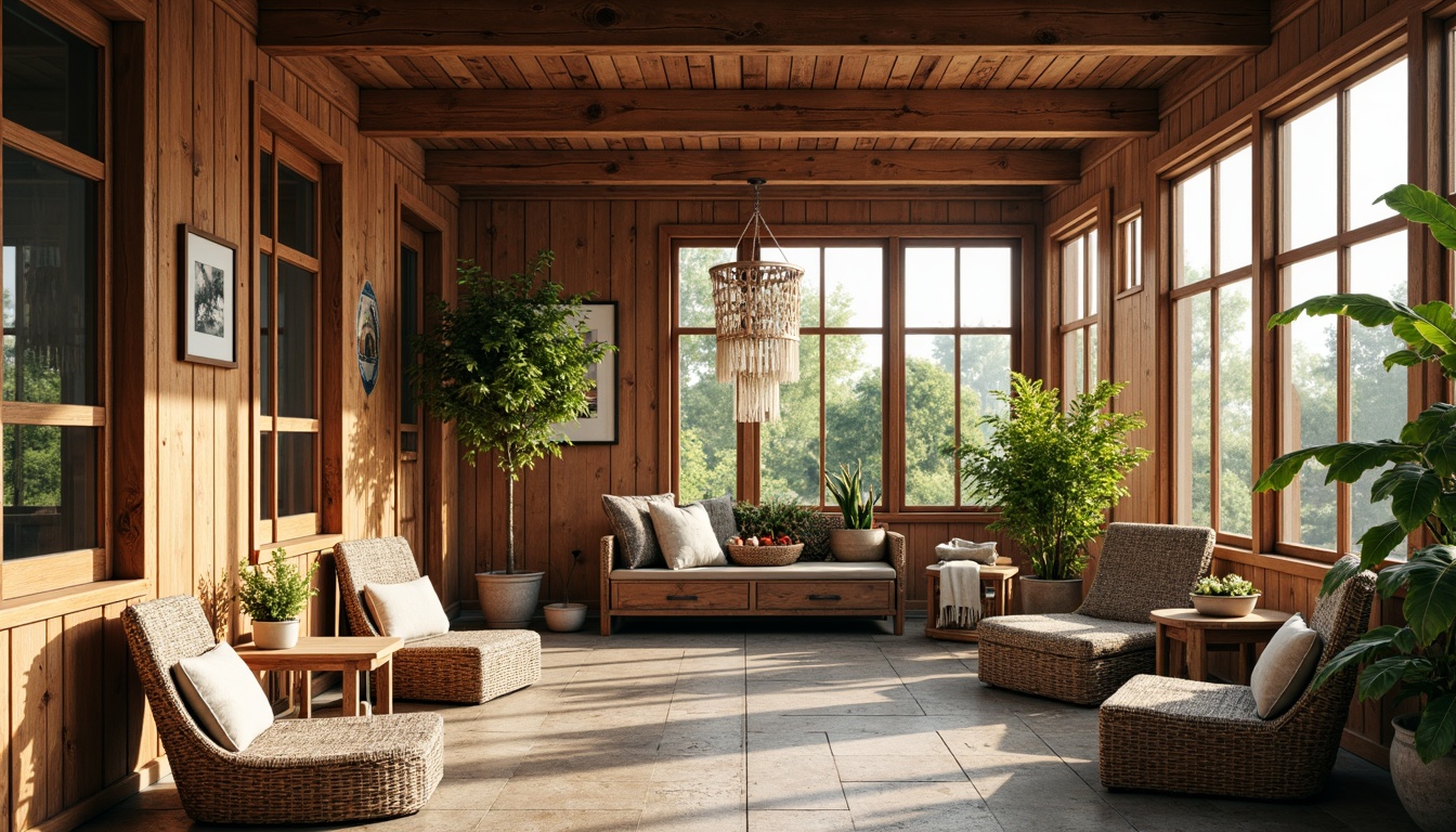 Prompt: Rustic sunroom interior, reclaimed wood walls, distressed wooden beams, natural stone flooring, earthy color palette, warm cozy atmosphere, plush throw blankets, vintage furniture pieces, woven wicker chairs, macrame textiles, potted plants, hanging greenery, large windows, soft diffused light, warm sunny day, shallow depth of field, 1/1 composition, realistic wood textures, ambient occlusion.