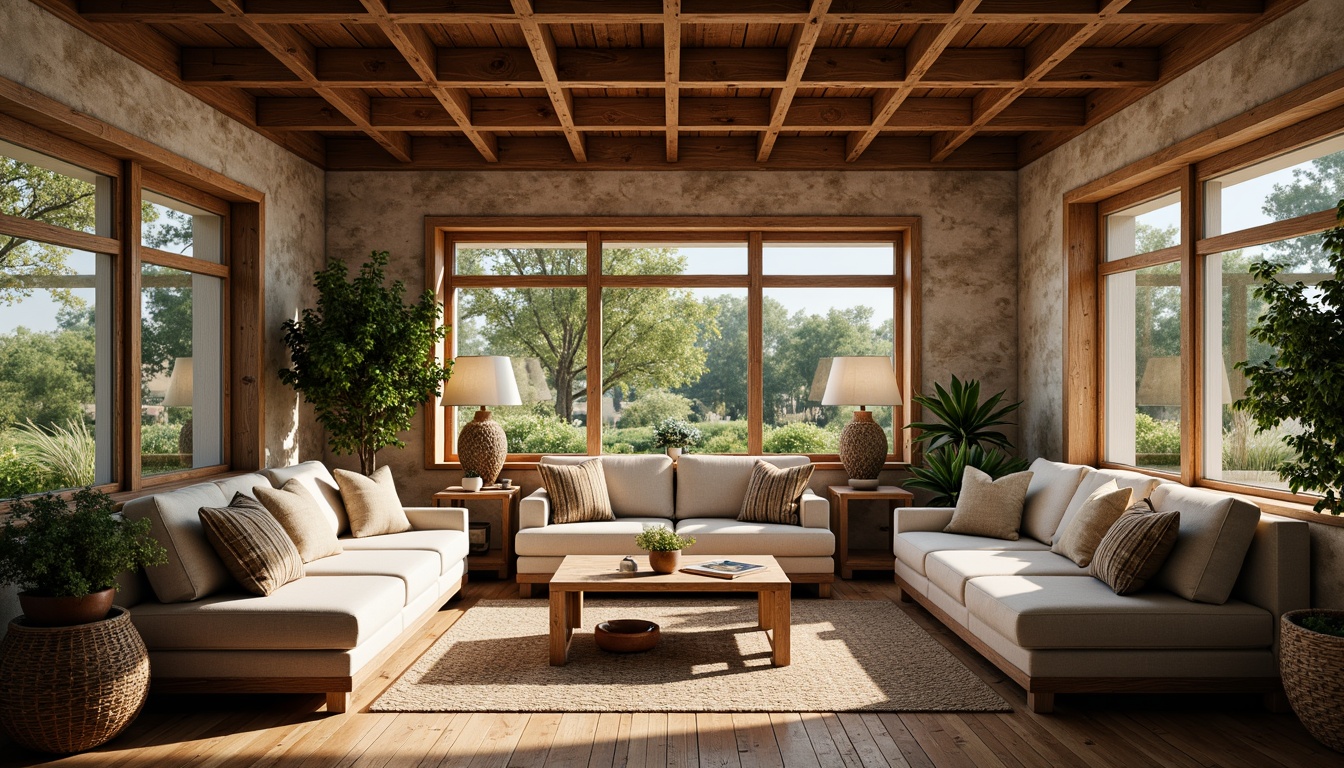 Prompt: Cozy sunroom, rustic wooden beams, stone walls, earthy color palette, natural textiles, plush armchairs, vintage decor, woven baskets, potted plants, reclaimed wood coffee table, comfortable sectionals, floor lamps, warm ambient lighting, 3/4 composition, shallow depth of field, panoramic view, realistic wood textures, soft focus blur.