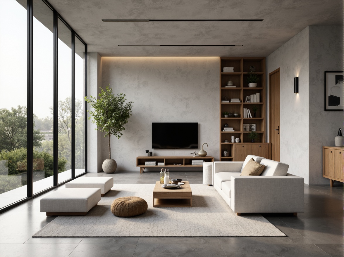 Prompt: Minimalist living room, monochromatic color scheme, sleek low-profile furniture, polished concrete floor, floor-to-ceiling windows, natural light, Scandinavian-inspired design, geometric shapes, wooden accents, hidden storage compartments, multi-functional furniture pieces, open shelving units, industrial metal lighting fixtures, soft warm lighting, 1/1 composition, shallow depth of field, realistic textures.