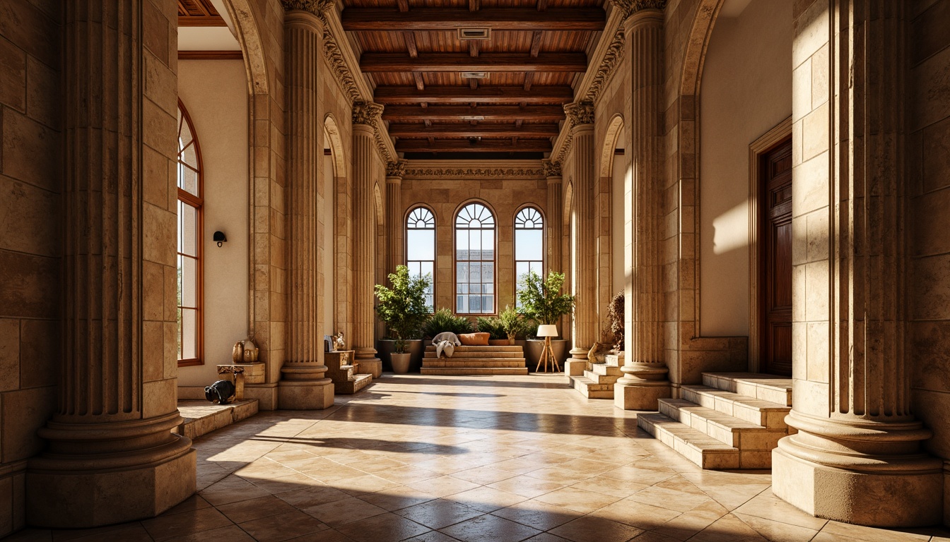 Prompt: Grandiose columns, ornate capitals, intricately carved friezes, symmetrical facades, rustic stone walls, arched windows, decorative cornices, ornamental pediments, grand entranceways, sweeping staircases, polished marble floors, richly textured fabrics, warm golden lighting, shallow depth of field, 1/1 composition, realistic renderings, ambient occlusion, subtle atmospheric effects.