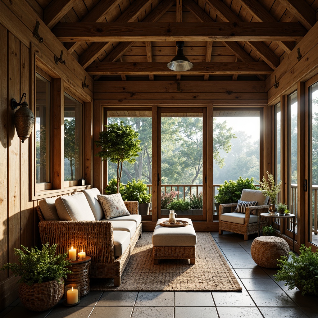 Prompt: Rustic sunroom, wooden accents, reclaimed wood walls, distressed wooden beams, natural stone floors, earthy color palette, cozy atmosphere, plush furniture, woven textiles, lantern-style lighting, warm candlelight, potted plants, lush greenery, nature-inspired decor, wooden window frames, sliding glass doors, panoramic views, soft diffused light, shallow depth of field, 3/4 composition.