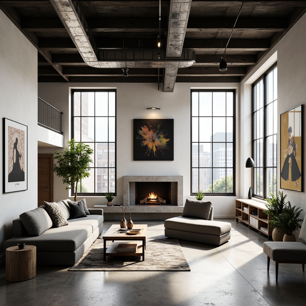 Prompt: Industrial-chic living space, open floor plan, minimal ornamentation, functional simplicity, exposed ductwork, polished concrete floors, steel beams, oversized windows, natural light pouring in, urban loft atmosphere, geometric shapes, monochromatic color scheme, sleek lines, modernist furniture, sparse decor, abstract artwork, pendant lighting, functional storage solutions, airy feel, sense of continuity, flowing spaces, 3/4 composition, shallow depth of field, soft warm lighting.