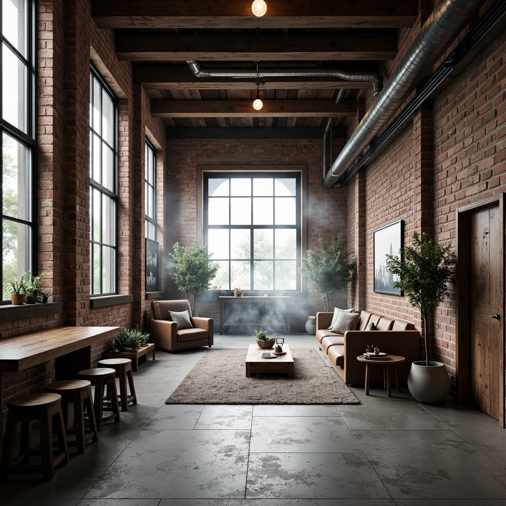 Prompt: Industrial chic aesthetic, exposed brick walls, metal beams, reclaimed wood accents, urban loft atmosphere, high ceilings, large windows, natural light pouring in, minimalist decor, functional furniture, distressed textures, weathered metal finishes, rough-hewn stone floors, industrial-style lighting fixtures, moody color palette, dramatic shadows, 1/1 composition, low-key lighting, atmospheric mist.