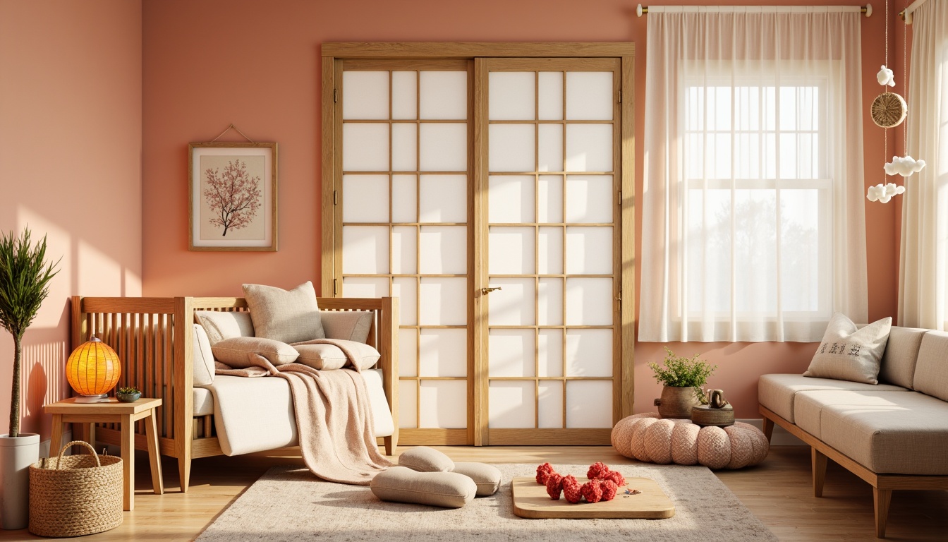 Prompt: Soft peach walls, gentle cream accents, warm beige furniture, delicate cherry blossom patterns, subtle golden lighting, traditional Japanese sliding doors, natural wood crib, plush area rug, gentle watercolor-inspired artwork, serene bamboo plants, cozy lantern-style lamp, vibrant red coral decorative objects, whimsical cloud-shaped mobiles, creamy white drapery, peaceful Buddha statue, soft instrumental music, warm afternoon sunlight, shallow depth of field, 1/1 composition, realistic textures, ambient occlusion.