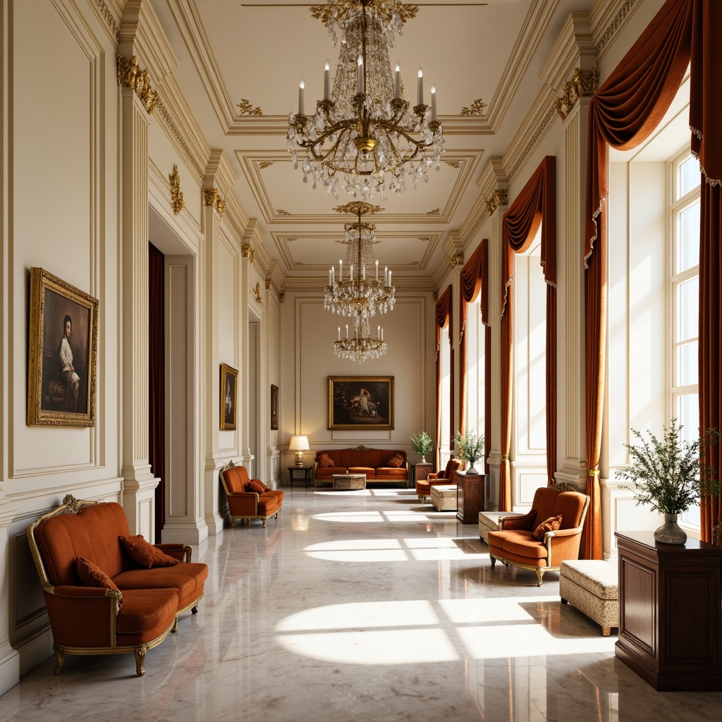 Prompt: Elegant neoclassical interior, ornate columns, marble flooring, cream-colored walls, intricate moldings, gilded accents, crystal chandeliers, plush velvet furniture, luxurious drapery, rich wood paneling, stately ambiance, warm soft lighting, shallow depth of field, 1/1 composition, symmetrical framing, realistic textures, ambient occlusion.