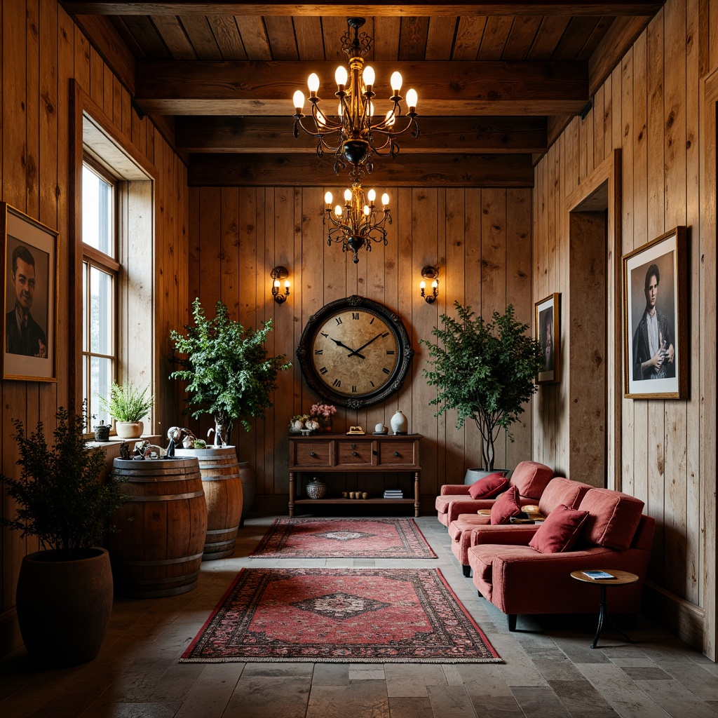 Prompt: Distressed wooden walls, vintage wine barrels, soft warm lighting, rustic stone floors, ornate metalwork, elegant chandeliers, rich wood tones, luxurious velvet fabrics, antique furniture pieces, weathered brick accents, earthy color palette, natural textures, subtle sheen finishes, 3/4 composition, intimate atmosphere, cozy nooks, plush area rugs, refined decorative accessories.