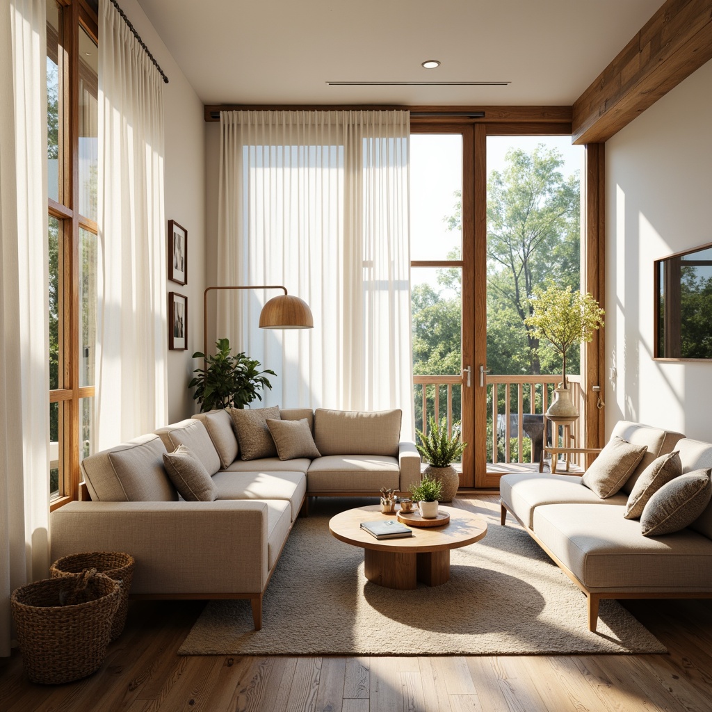 Prompt: Cozy living room, Nordic-inspired furniture, light wood tones, minimal decor, floor-to-ceiling windows, sheer white curtains, soft warm glow, table lamps, pendant lights, wooden lamp shades, natural textiles, woven baskets, earthy color palette, comfortable reading nooks, plush throw blankets, rustic wooden floors, airy atmosphere, bright afternoon sunlight, shallow depth of field, 1/1 composition, softbox lighting, realistic shadows.