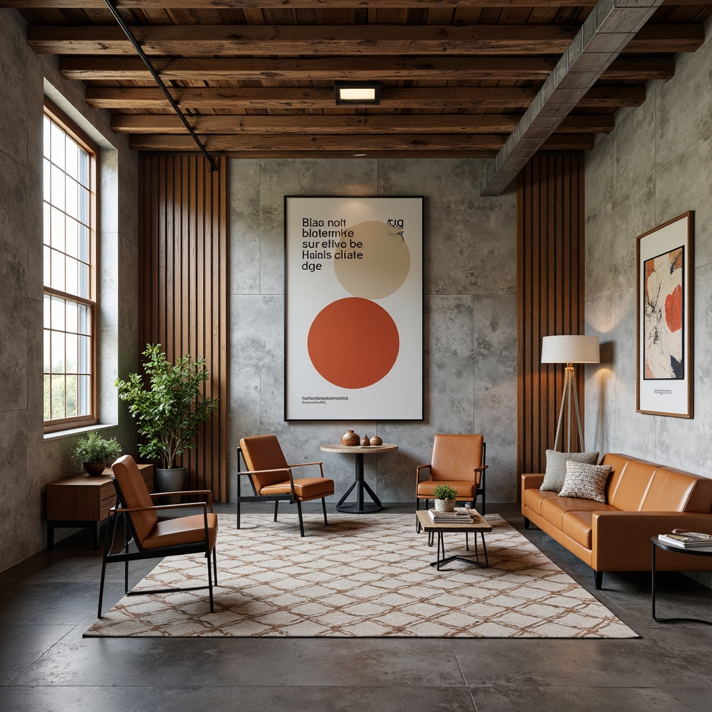 Prompt: Geometric patterned rug, industrial metal chairs, raw concrete walls, reclaimed wood accents, minimal ornamentation, functional simplicity, primary color palette, bold typography, sleek leather sofas, polished steel tables, abstract artwork, natural fiber textiles, earthy tone ceramics, warm indirect lighting, softbox shadows, 1/1 composition, symmetrical framing, high-contrast rendering.