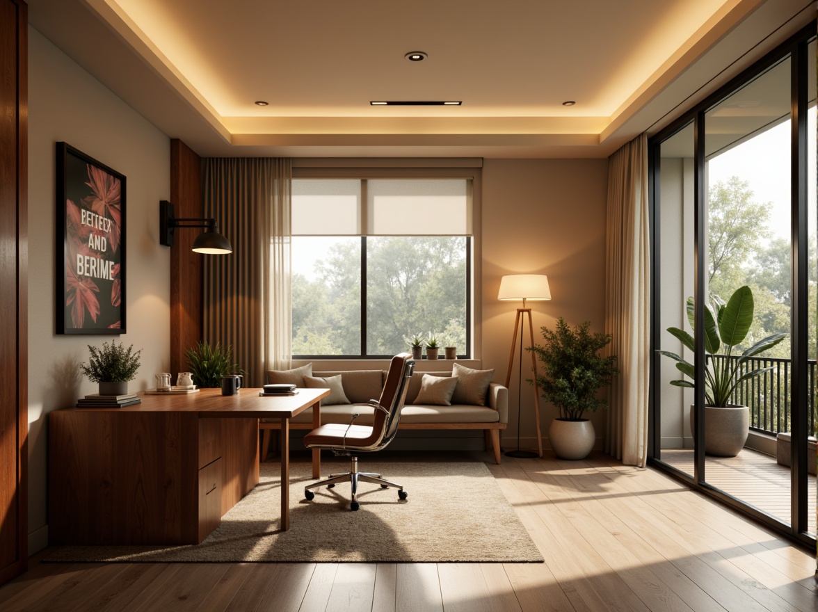 Prompt: Contemporary home office, minimalist decor, sleek wooden desk, ergonomic chair, floor-to-ceiling windows, natural daylight, soft warm lighting, layered illumination, ambient glow, task lighting, LED strips, recessed lights, pendant lamps, warm beige walls, polished wood flooring, potted plants, abstract artwork, inspirational quotes, calm atmosphere, shallow depth of field, 1/1 composition, realistic textures, subtle shadows.