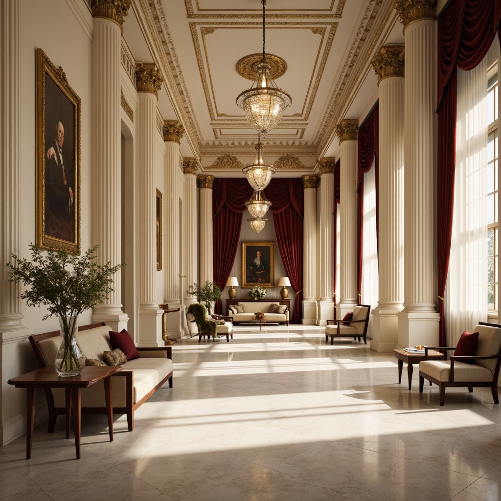 Prompt: Elegant neoclassical interior, ornate columns, intricately carved capitals, polished marble floors, cream-colored walls, rich velvet drapes, gilded frames, antique furnishings, sophisticated chandeliers, subtle warm lighting, shallow depth of field, 2/3 composition, symmetrical arrangement, realistic textures, ambient occlusion.