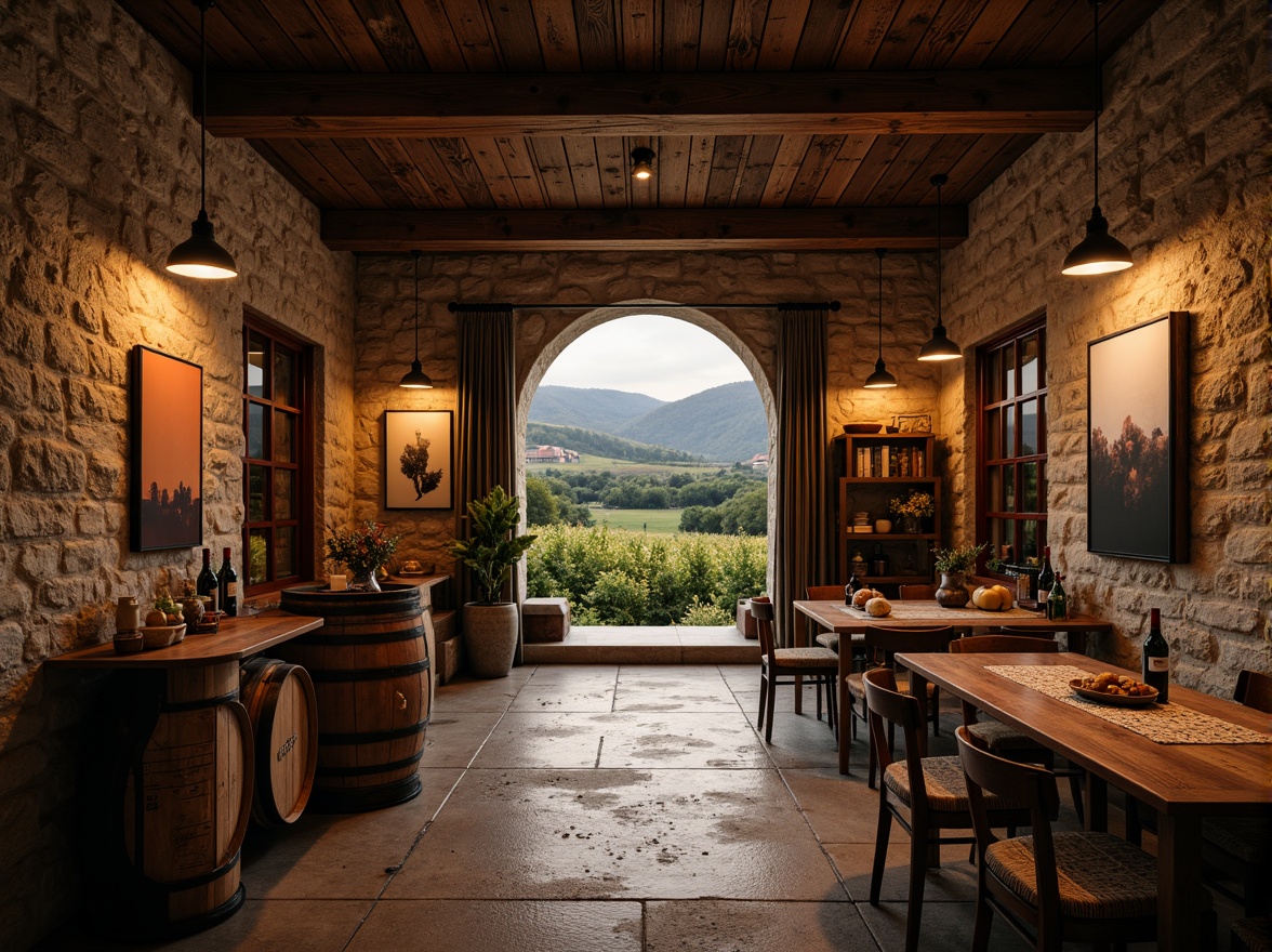 Prompt: Rustic winery, vineyard surroundings, rolling hills, stone walls, wooden barrels, wine cellar atmosphere, dim warm lighting, rich wood tones, earthy textures, organic forms, curved lines, asymmetrical composition, intimate spaces, cozy nooks, vintage decorative items, distressed finishes, natural materials, reclaimed wood accents, industrial metal details, abstract expressionist art pieces, bold color palette, dramatic shadows, low-key illumination, cinematic mood.