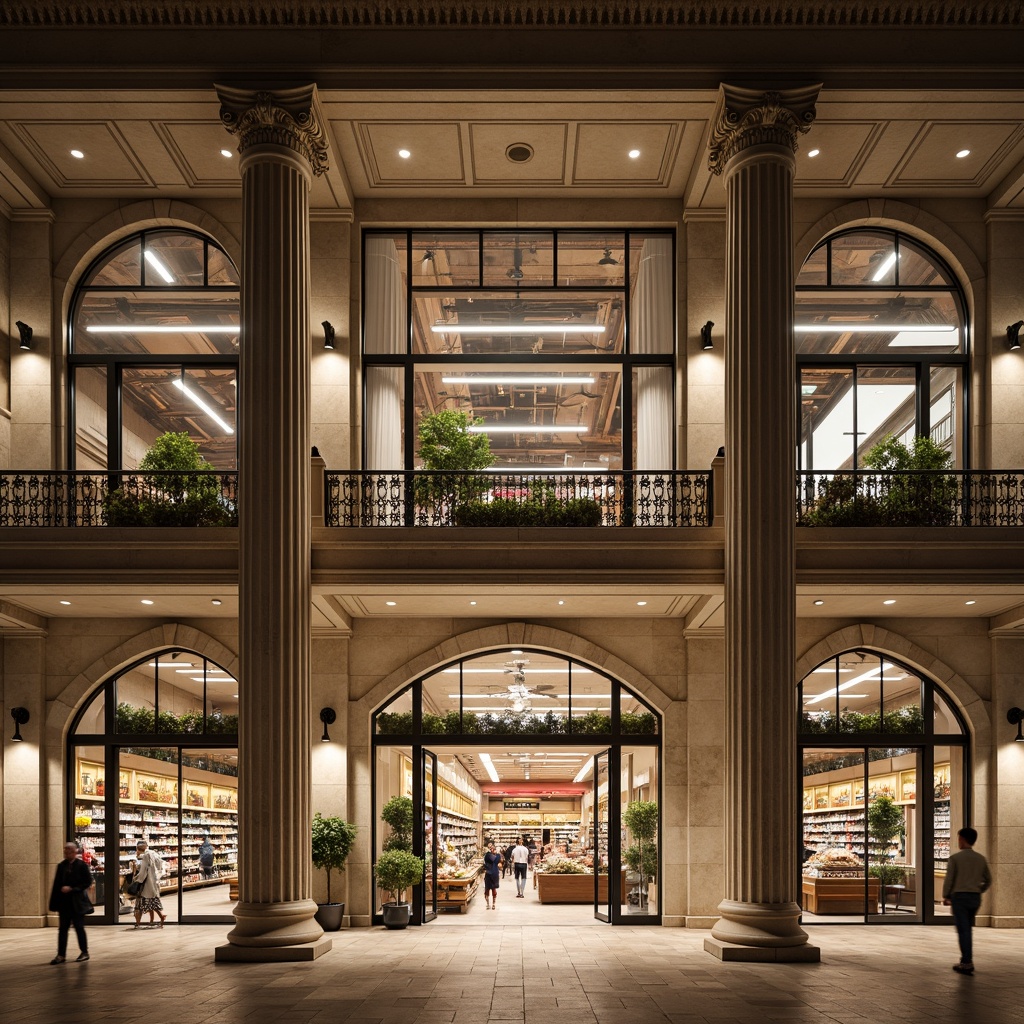 Prompt: Grand grocery store facade, neoclassical columns, ornate cornices, carved stone details, large arched windows, elegant entranceways, polished marble floors, decorative metalwork, classical pilasters, symmetrical layout, high ceilings, soft warm lighting, 1/1 composition, shallow depth of field, realistic textures, ambient occlusion.