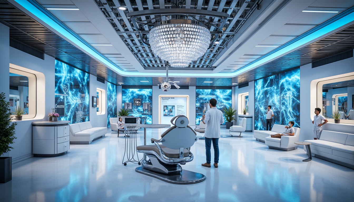 Prompt: Futuristic dental clinic, sleek metal framework, minimalist interior design, ambient LED lighting, soft blue glow, holographic displays, virtual reality experience zones, sanitary white surfaces, polished chrome equipment, futuristic dentist chairs, 3D printed decor, neon accents, geometric patterns, crystal-like chandeliers, warm color temperature, shallow depth of field, 1/1 composition, realistic textures, ambient occlusion.