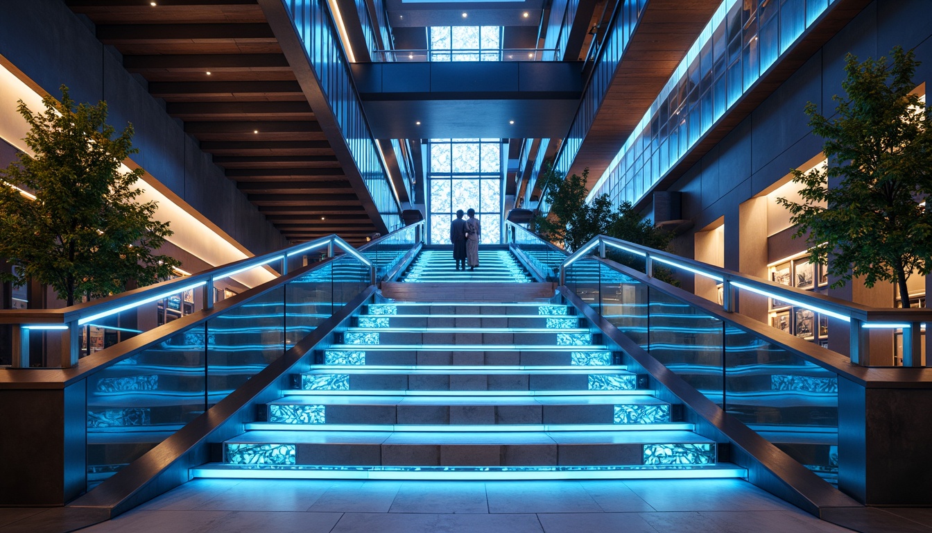 Prompt: Futuristic staircase, gleaming metal railings, holographic LED lighting, transparent glass steps, minimalist design, angular lines, bold color schemes, neon-lit handrails, levitating platforms, suspended walkways, dynamic shapes, kinetic energy harvesting, ambient occlusion, shallow depth of field, 3/4 composition, panoramic view, realistic textures, misting systems, Arabic-inspired patterns, vibrant colorful textiles, intricate geometric motifs.