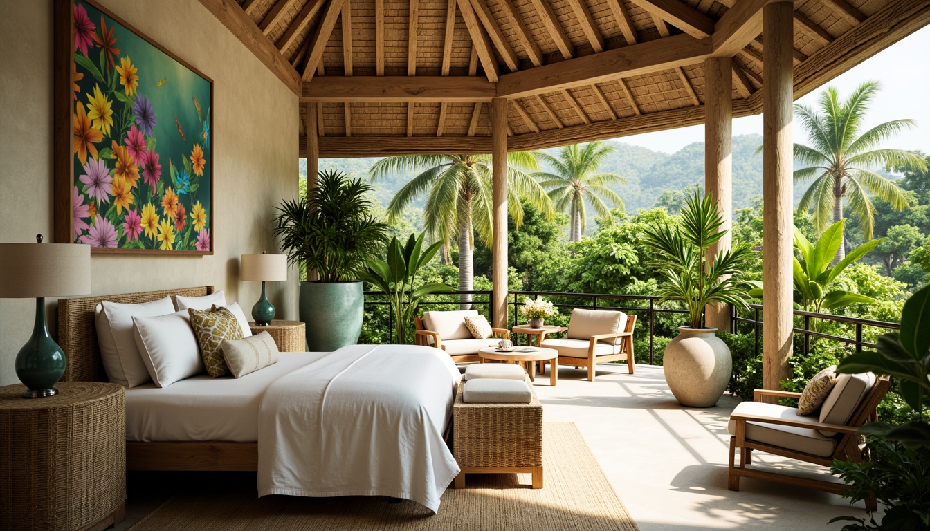 Prompt: Vibrant tropical bedroom, lush greenery, exotic flower patterns, woven rattan furniture, natural fiber textiles, soft pastel hues, warm beige tones, distressed wood accents, woven bamboo blinds, plantation-style shutters, coral-inspired decorative accessories, ocean-blue glass vases, palm tree silhouettes, relaxed coastal vibe, bright sunny day, soft warm lighting, shallow depth of field, 3/4 composition, panoramic view, realistic textures, ambient occlusion.