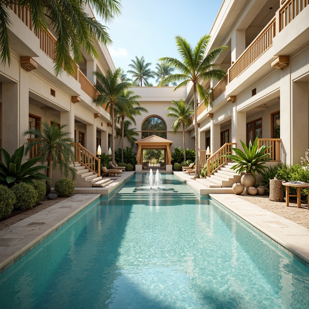 Prompt: Ornate swimming pool, curved lines, gold accents, intricate carvings, ornamental fountains, delicate statues, soft pastel colors, marble flooring, lavish decorations, grand staircases, crystal chandeliers, lush greenery, tropical plants, warm sunny day, gentle water ripples, shallow depth of field, 1/1 composition, realistic textures, ambient occlusion.