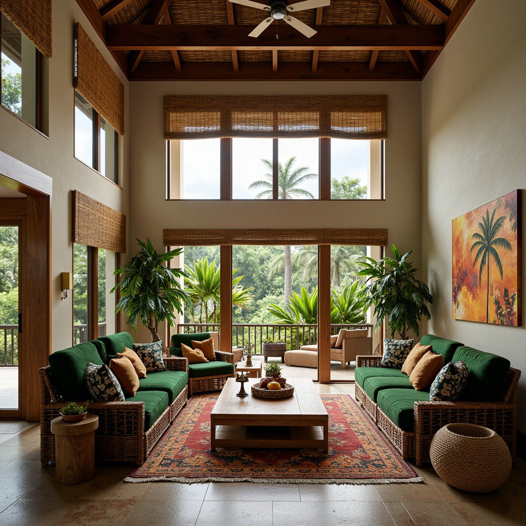 Prompt: Tropical living room, high ceilings, large windows, sliding glass doors, natural ventilation, woven bamboo blinds, rattan furniture, plush green velvet sofas, exotic wood accents, palm tree-inspired decor, vibrant colorful textiles, intricate geometric patterns, ambient warm lighting, soft breezy atmosphere, lush greenery, potted plants, wicker baskets, natural stone flooring, earthy tone color palette, relaxed cozy ambiance, functional layout, 3/4 composition, shallow depth of field.