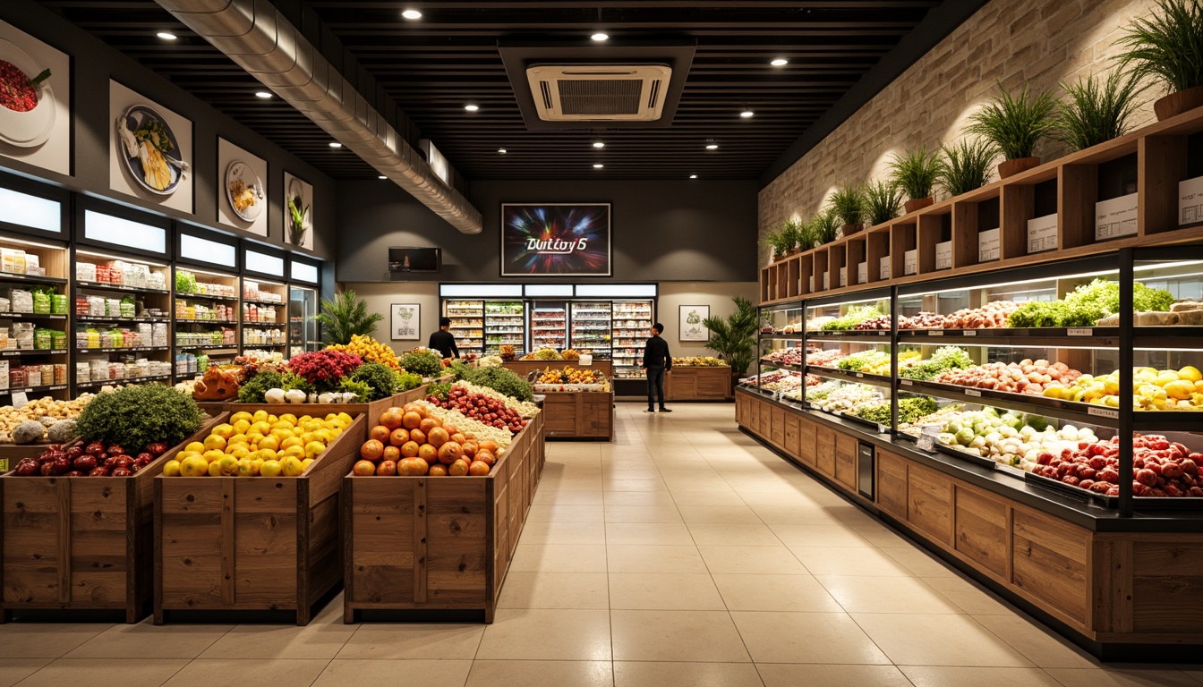 Prompt: Vibrant supermarket interior, fresh produce stands, wooden crates, colorful fruits and vegetables, appetizing food displays, modern refrigeration units, sleek metal shelving, warm beige flooring, natural stone walls, earthy tone color scheme, inviting ambiance, soft overhead lighting, shallow depth of field, 1/1 composition, realistic textures, ambient occlusion.