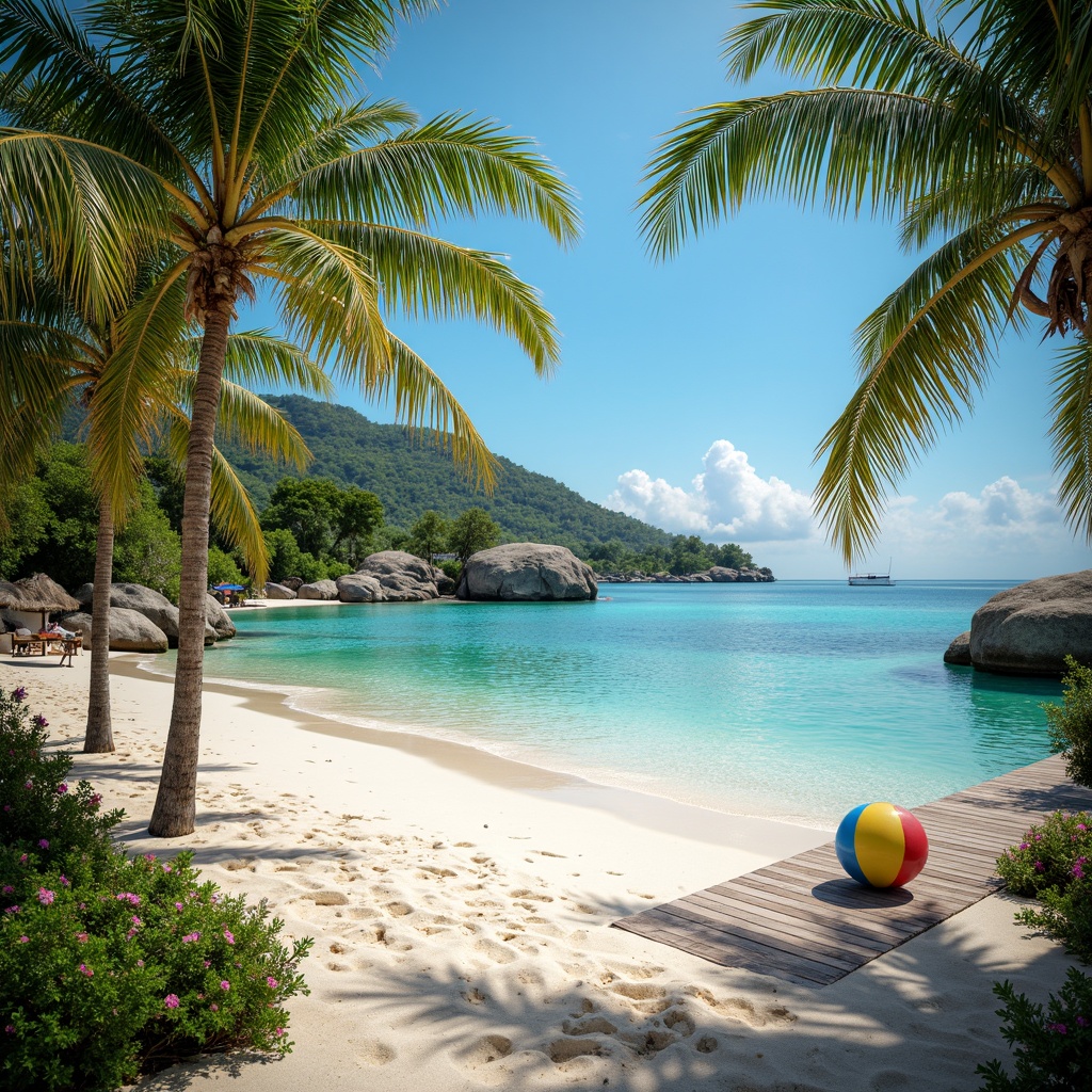 Prompt: Vibrant tropical island, crystal-clear turquoise waters, powdery white sandy beaches, lush green palm trees, exotic floral arrangements, colorful beach balls, rustic wooden docks, warm sunny day, soft gentle breeze, shallow depth of field, 1/1 composition, realistic textures, ambient occlusion.