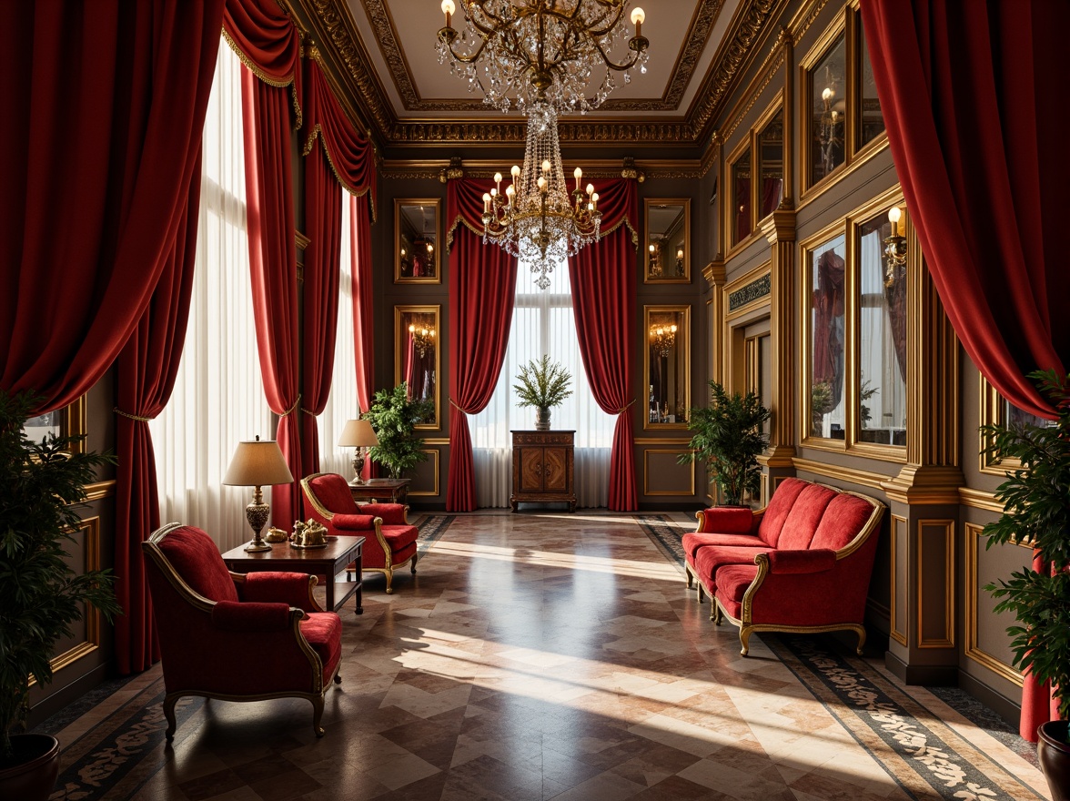 Prompt: Luxurious baroque interior, rich velvet drapes, golden ornate frames, intricate carvings, grand crystal chandeliers, lavish furnishings, regal red and gold accents, opulent marble floors, soft warm candlelight, dramatic shadowing, 2/3 composition, detailed textures, realistic reflections.