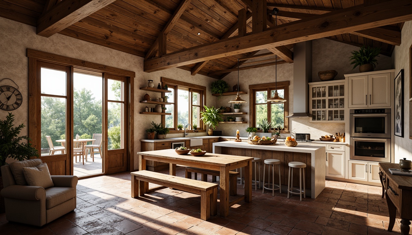 Prompt: Rustic farmhouse interior, warm cozy atmosphere, wooden beams, vintage decorative items, natural stone walls, earthy color palette, soft warm lighting, table lamps, pendant lights, candlelight, farmhouse kitchen, island counters, shiplap backsplashes, brick floors, distressed wood furniture, greenery, potted plants, large windows, country views, sunny day, shallow depth of field, 1/1 composition, realistic textures, ambient occlusion.