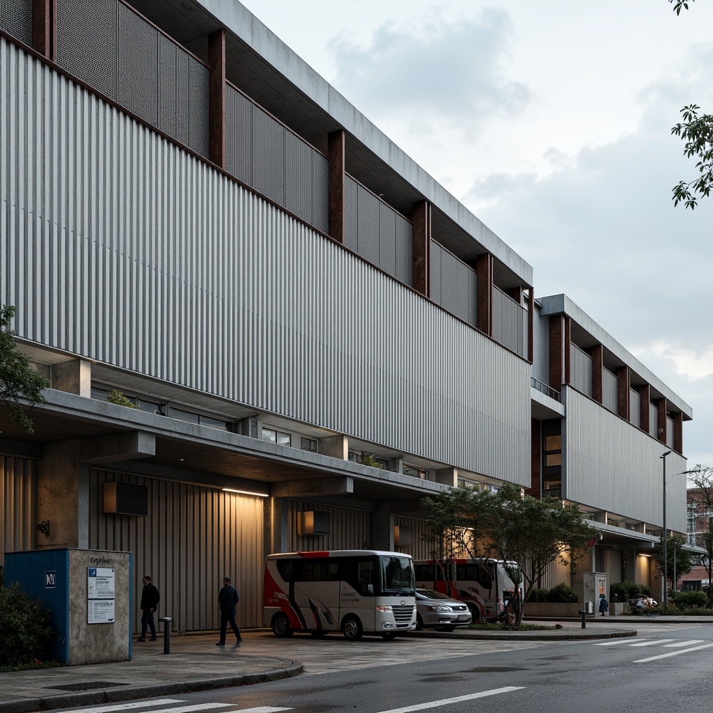 Prompt: Industrial facility, perforated metal fa\u00e7ade, breathable architecture, natural ventilation, rust-resistant coating, corrugated iron sheets, functional aesthetics, modern industrial design, urban landscape, cloudy sky, soft diffused lighting, shallow depth of field, 2/3 composition, realistic metallic textures, ambient occlusion.