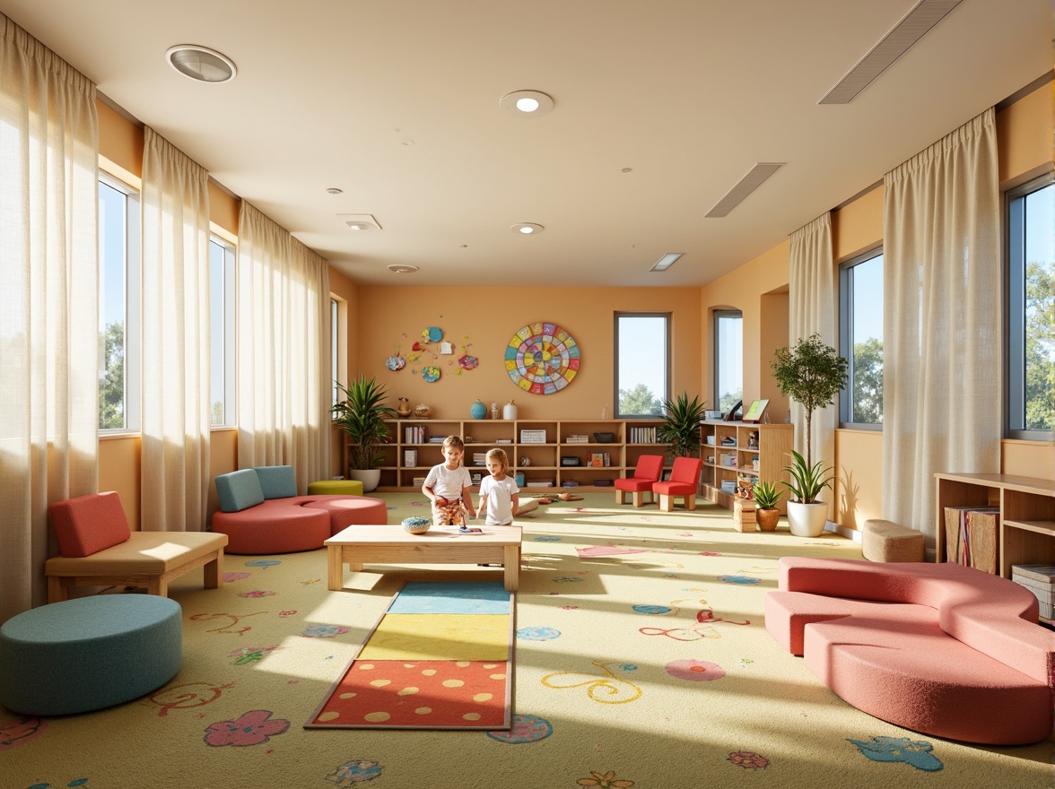 Prompt: Vibrant kindergarten interior, streamline moderne design, bright primary colors, soft pastel hues, playful polka dots, whimsical alphabet patterns, sturdy wooden furniture, smooth rounded edges, colorful rug, cozy reading nook, natural light pouring in, sheer curtains, minimalist shelving units, decorative wall art, cheerful teacher's desk, engaging student workstations, collaborative learning spaces, warm beige walls, creamy white ceilings, rich wood accents, soft box lighting, shallow depth of field, 1/1 composition.