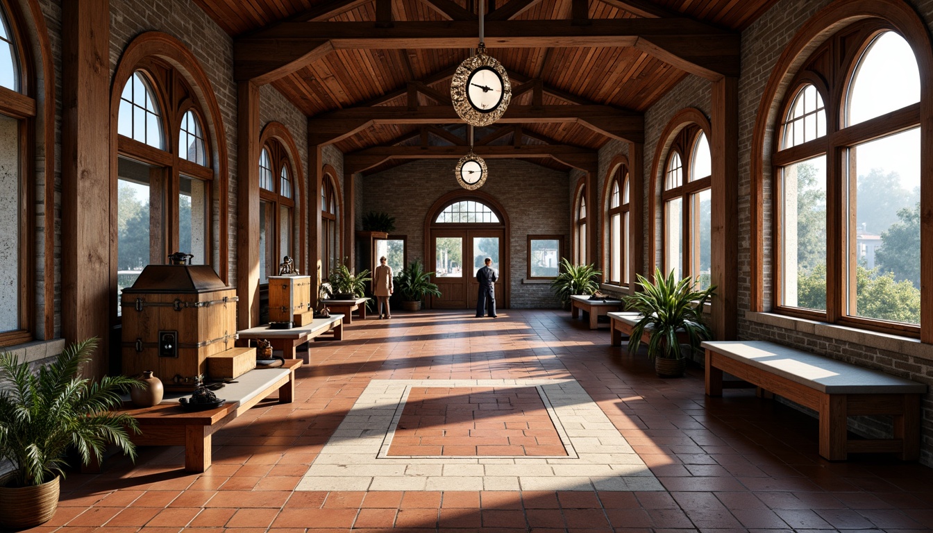 Prompt: Rustic academic train station, distressed wood textures, industrial metal accents, vintage luggage racks, antique clock towers, classic bench seating, terracotta flooring, ceramic tile inlays, durable epoxy coatings, matte concrete finishes, exposed brick walls, arched windows, natural stone columns, grand chandeliers, soft warm lighting, shallow depth of field, 1/1 composition, realistic textures, ambient occlusion.