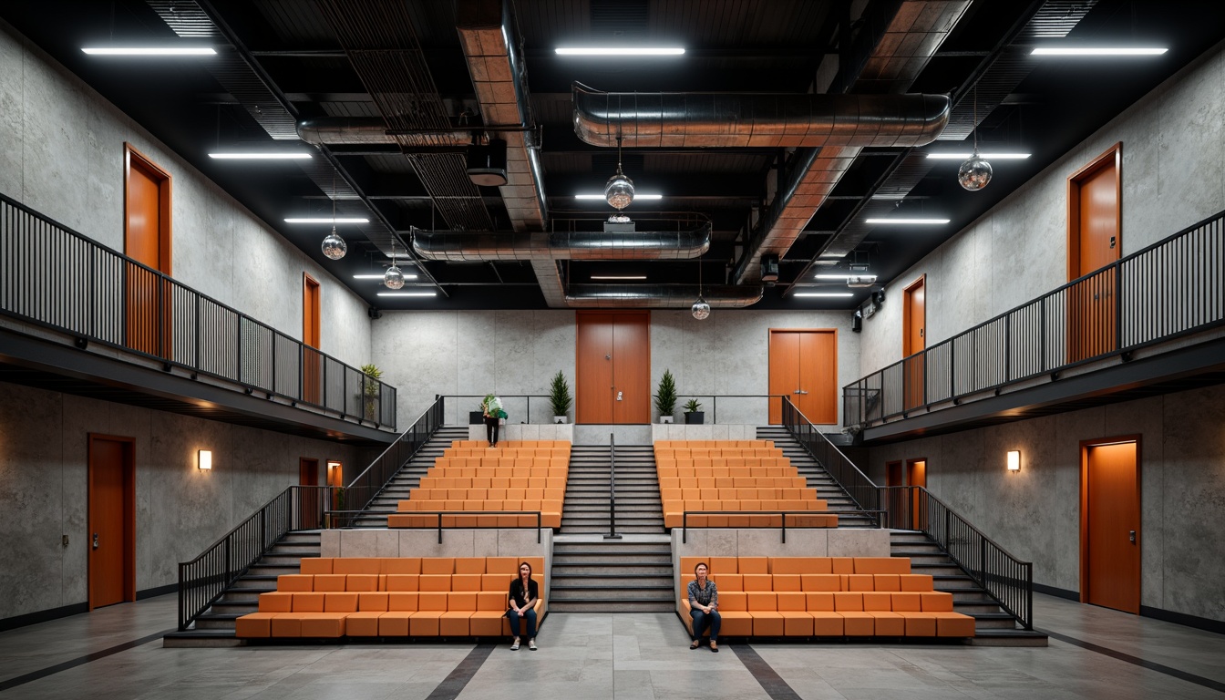 Prompt: Geometric amphitheater, minimalist seating, industrial metal railings, functional staircases, raw concrete walls, exposed ductwork, bold typography, primary color accents, cylindrical pendant lights, spherical globe lamps, linear fluorescent fixtures, metallic reflectors, dramatic spotlights, high-contrast shading, 1/2 composition, low-angle shot, cinematic atmosphere, gritty textures, ambient occlusion.Please let me know if this meets your requirements!