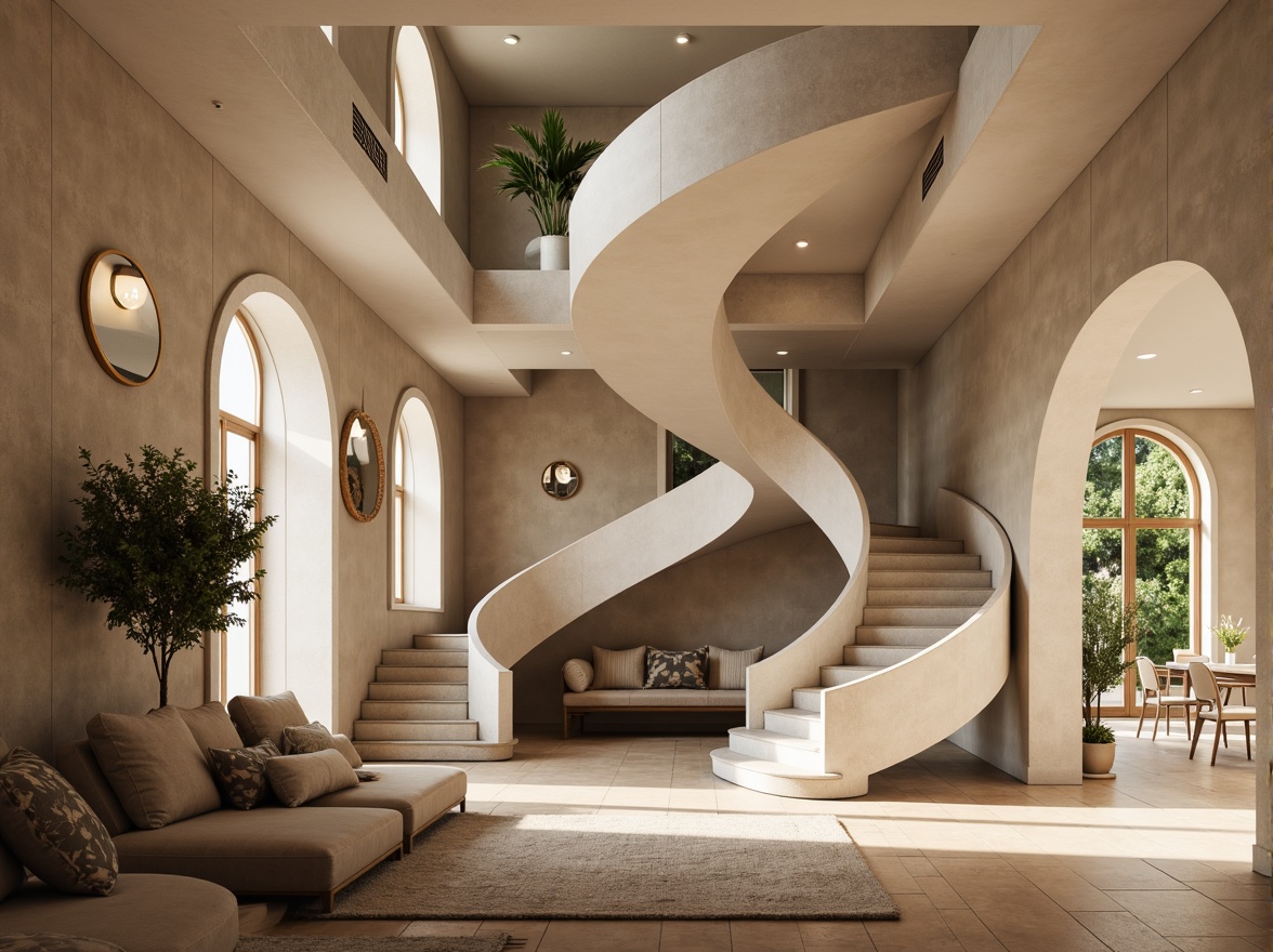 Prompt: Elegant curved staircase, sweeping banister, flowing archways, rounded door frames, circular columns, ornate mirrors, luxurious fabrics, soft warm lighting, cozy seating areas, plush carpeting, natural wood accents, minimalist decor, open-plan layout, fluid spatial transitions, organic shapes, harmonious color palette, ambient shadows, subtle reflections, 1/1 composition, realistic renderings.