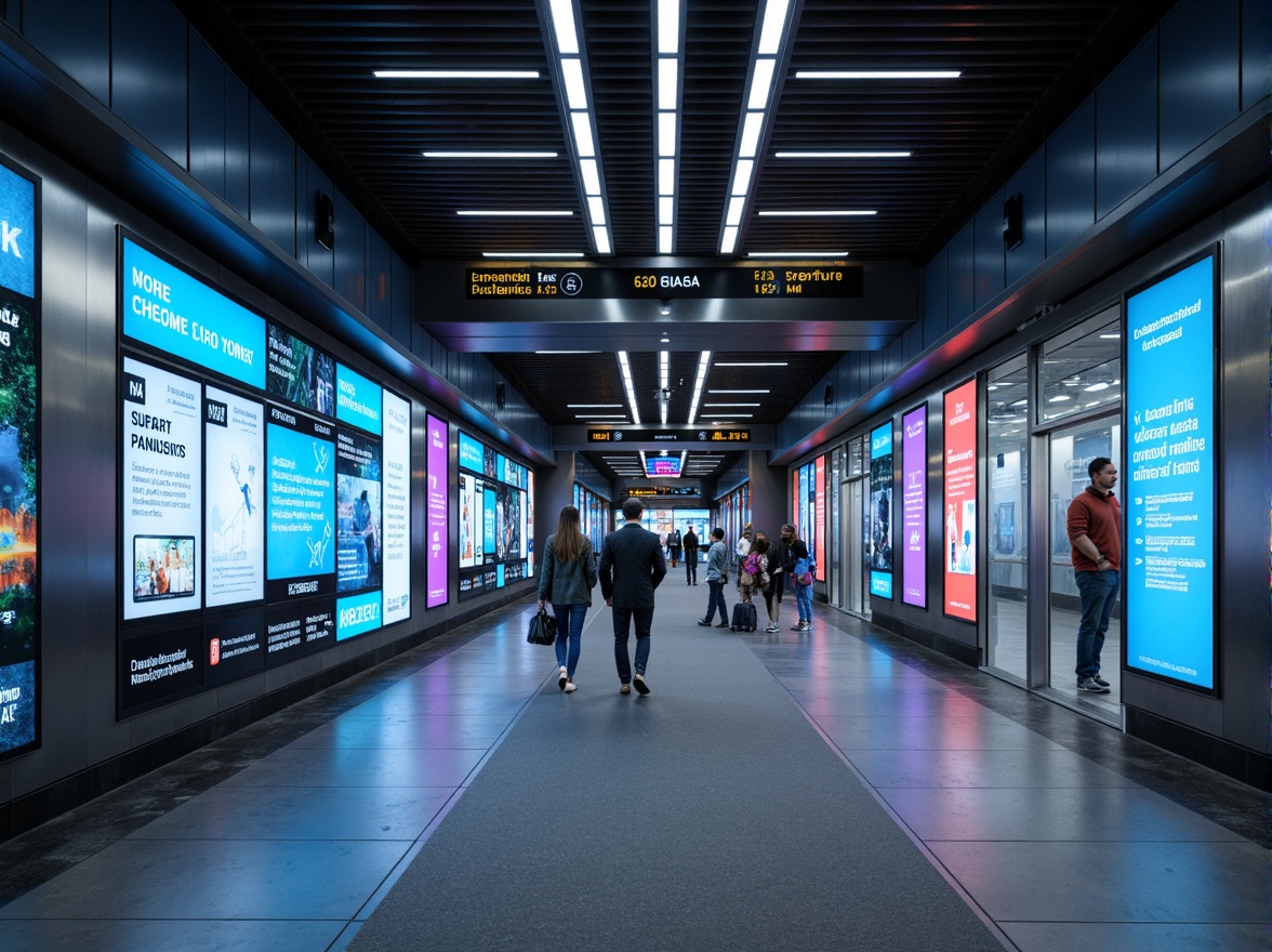 Prompt: Vibrant metro station, modern signage system, clear typography, intuitive navigation, stainless steel frames, LED backlighting, dynamic digital displays, real-time information, sleek minimalist design, efficient passenger flow, pedestrian-friendly layout, prominent landmark features, bright color schemes, easy-to-read fonts, 45-degree angled signs, suspended ceiling installations, seamless integration with architecture, futuristic ambiance, soft overhead lighting, shallow depth of field, 1/1 composition, realistic reflections.