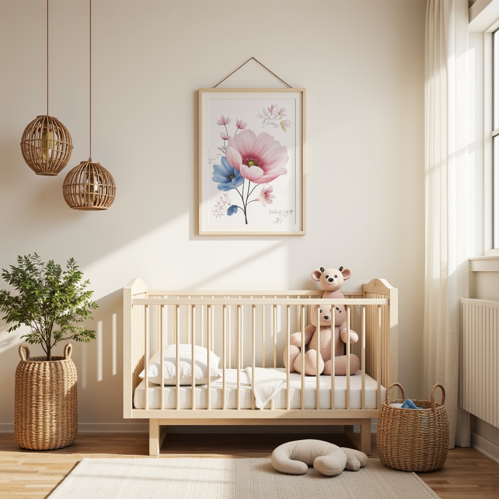 Prompt: Cozy baby nursery, soft cream walls, warm beige floors, minimalist furniture, low-profile crib, plush toys, natural wood accents, woven bamboo baskets, delicate paper lanterns, serene Asian-inspired artwork, gentle watercolor hues, pastel pink and blue tones, subtle floral patterns, intricately carved wooden decorations, ambient warm lighting, shallow depth of field, 1/1 composition, intimate close-up shots, realistic textures.