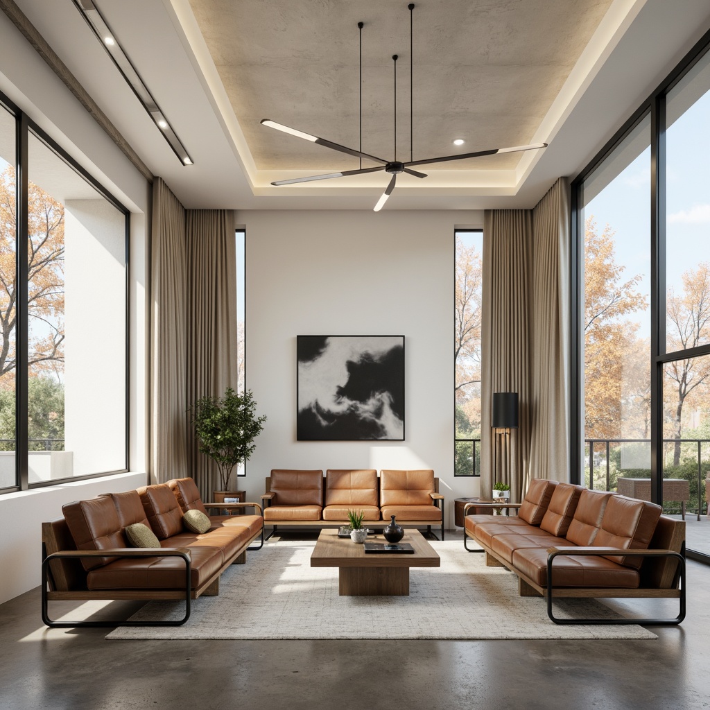 Prompt: Minimalist living room, functional furniture, tubular steel frames, leather cushions, wooden accents, industrial lighting fixtures, geometric patterns, monochromatic color scheme, rectangular shapes, clean lines, minimal ornamentation, open floor plan, natural materials, polished concrete floors, large windows, abundant natural light, soft warm glow, low-key shadows, subtle texture variations, 1/1 composition, realistic renderings.