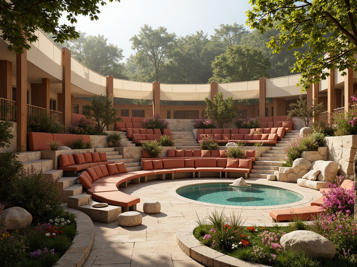 Prompt: Earthy amphitheater, terracotta seating, rustic stone walls, lush greenery, vibrant flowers, natural wood accents, warm beige pathways, soft cream-colored canopies, turquoise water features, misty morning light, shallow depth of field, 1/2 composition, realistic textures, ambient occlusion.